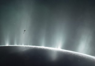 Artist impression of NASA's Cassini spacecraft dives through the plume of Saturn's moon Enceladus in 2015.