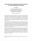 Research paper thumbnail of Carta Abierta sobre la Autonomía de la Universidad Pública en Colombia