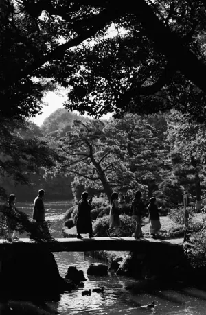 Silhouetted vivitors on stone bridge