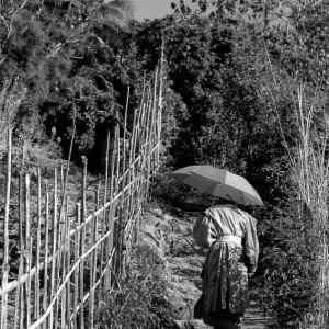 Buddhist monk climbing slope with sunshade