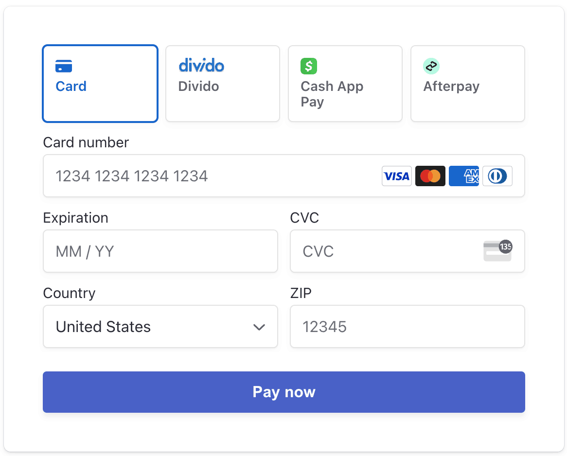 Screenshot of what Payment Element looks like when Divido is added