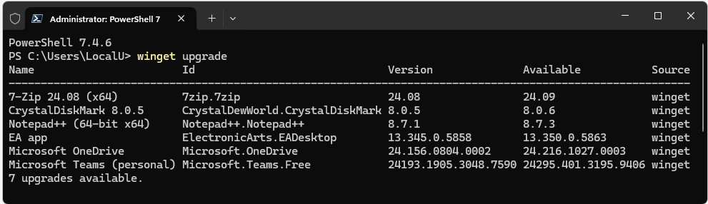 winget upgrade command in powershell