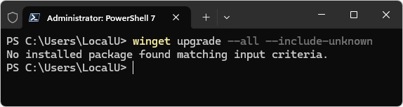 winget no updates needed message in powershell