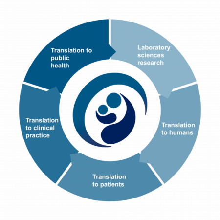 Chart demonstrating that translational clinical research is a continuum, the scientific community has defined phases of translational research as T0 through T4.