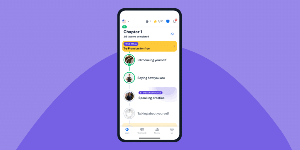 Busuu speaking practice on learning timeline