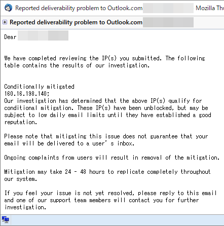 Reported deliverability problem to Outlook.com - MS に live.jp へのメールブロックを解除してもらった