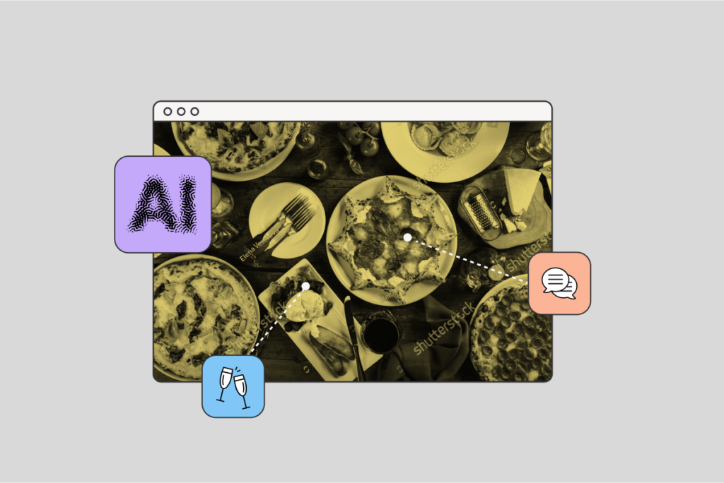 A sepia-toned image of a dinner table filled with various dishes, including pizzas and salads. Overlaid icons include a purple square with the text 'AI,' a blue square with clinking champagne glasses, and an orange square with a chat bubble, suggesting a theme of artificial intelligence, celebration, and conversation.