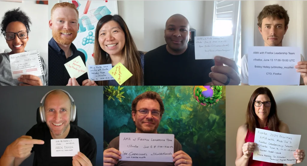 Photos of the Firefox leadership executives holding signs with the date of the AMA