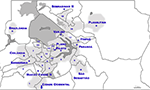 Mapa ilustrando o Distrito Federal, no qual estão destacadas as áreas onde viviam os jovens entrevistados na pesquisa. Trata-se de 12 regiões administrativas da capital, uma das cidades mais desiguais do país.