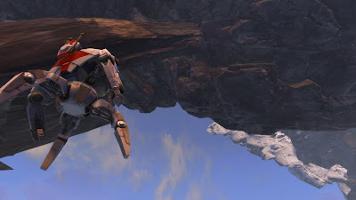 M1-4X floating in the sky, with rocks/mountains above him