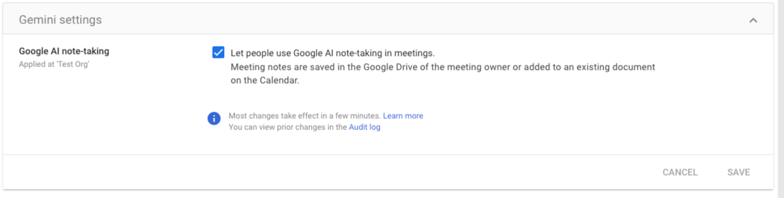 Apps > Google Workspace > Google Meet > Gemini Settings > Gemini AI note-taking