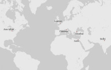 Map showing significant locations for the journey of Islamic Manuscript 350, including Delhi, London, Istanbul, Florence, Cairo, and Ann Arbor