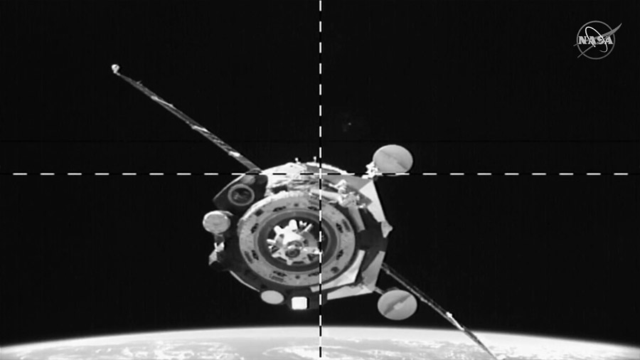 Soyuz MS-15 spacecraft approaches for a docking