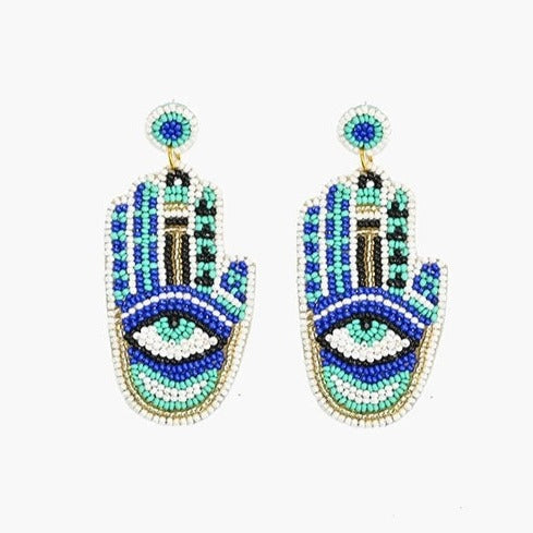 Blue Hamsa Evil Eye Beaded Earrings