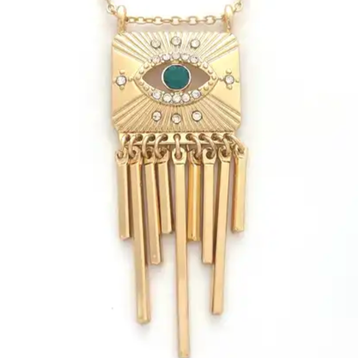 Talisman Gold Plated Evil Eye Medallion Necklace with Metal Fringe