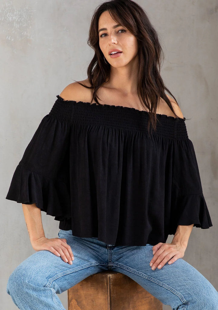 Black Jacquard Flutter Off Shoulder Smocked Top