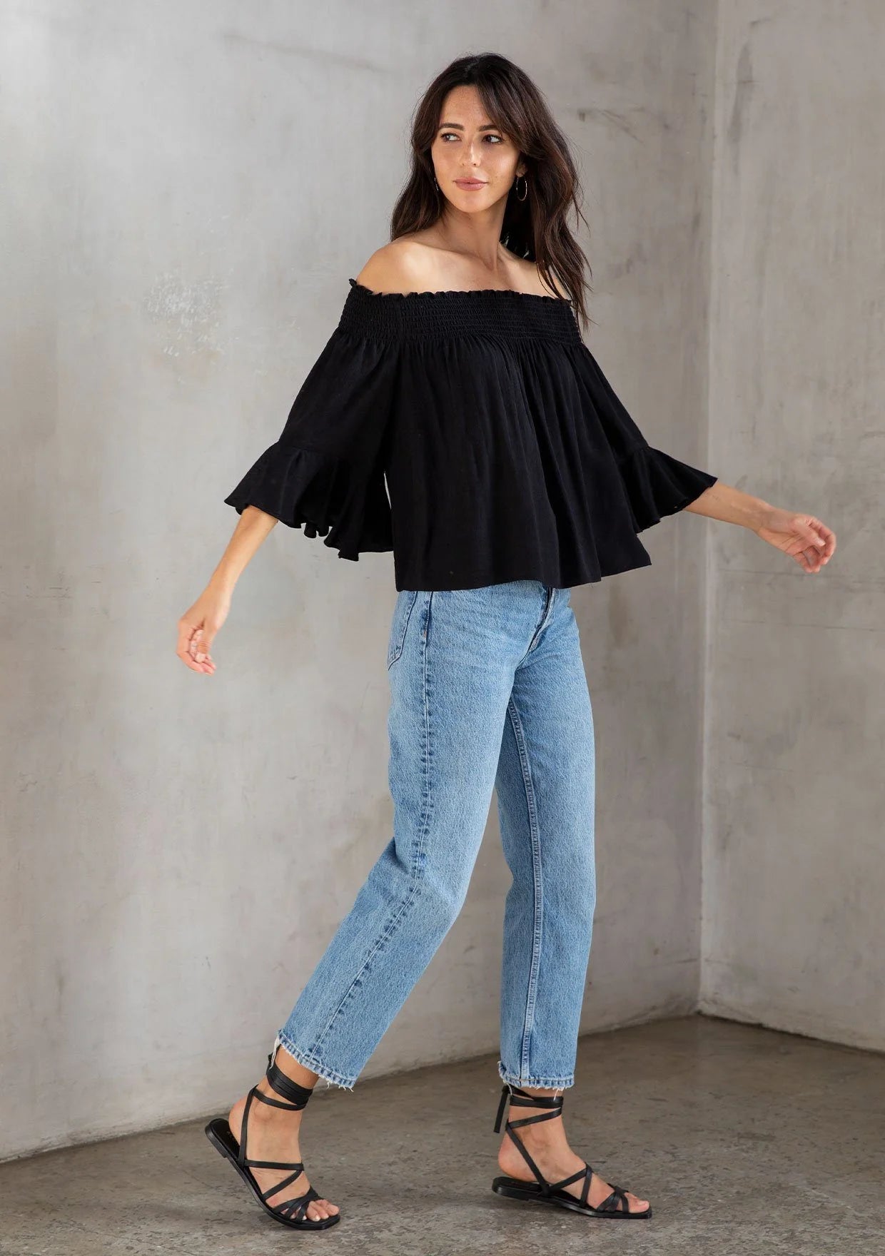 Black Jacquard Flutter Off Shoulder Smocked Top