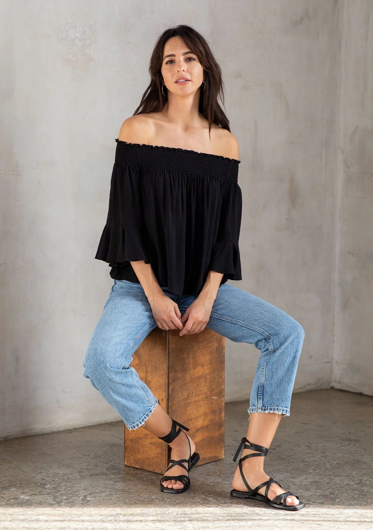 Black Jacquard Flutter Off Shoulder Smocked Top