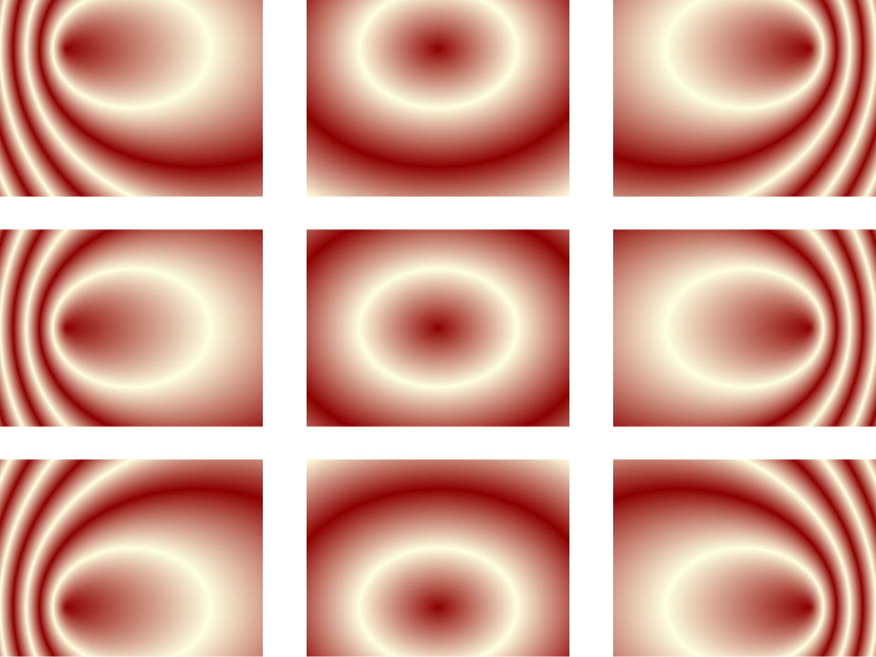 Nine radial gradients, in a grid, each one stretched to a different side.