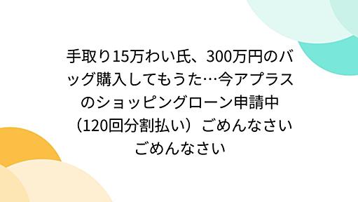 手取り15万わい氏、300万円のバッグ購入してもうた…今アプラスのショッピングローン申請中（120回分割払い）ごめんなさいごめんなさい