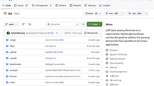 AWS、高速起動にこだわった軽量なJavaScriptランタイム「LLRT」（Low Latency Runtime）をオープンソースで公開。AWS Lambdaでの利用にフォーカス