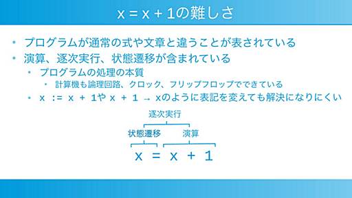 x=x+1がわからないのは逐次実行がわかっていないからで、記号を変えても解決にならない - きしだのHatena