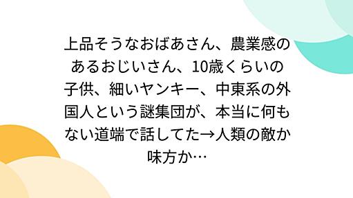 上品そうなおばあさん、農業感のあるおじいさん、10歳くらいの子供、細いヤンキー、中東系の外国人という謎集団が、本当に何もない道端で話してた→人類の敵か味方か…