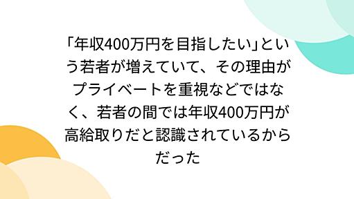 ｢年収400万円を目指したい｣という若者が増えていて、その理由がプライベートを重視などではなく、若者の間では年収400万円が高給取りだと認識されているからだった