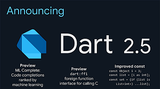 「Dart 2.5」が登場。GitHubのコードから機械学習させた賢いコード補完をVSCodeなどに提供