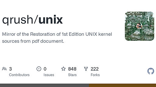 GitHub - qrush/unix: Mirror of the Restoration of 1st Edition UNIX kernel sources from pdf document.