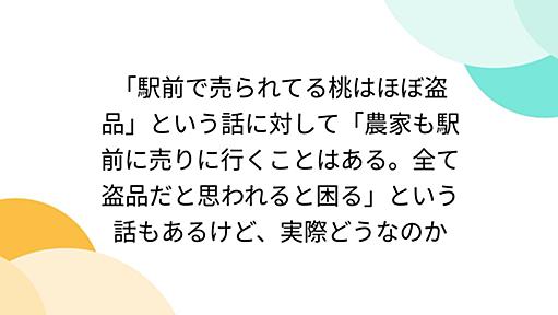 「駅前で売られてる桃はほぼ盗品」という話に対して「農家も駅前に売りに行くことはある。全て盗品だと思われると困る」という話もあるけど、実際どうなのか