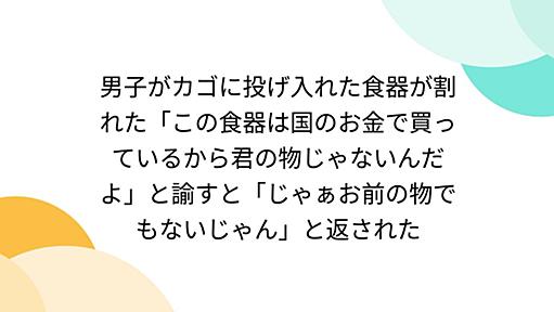 男子がカゴに投げ入れた食器が割れた「この食器は国のお金で買っているから君の物じゃないんだよ」と諭すと「じゃぁお前の物でもないじゃん」と返された