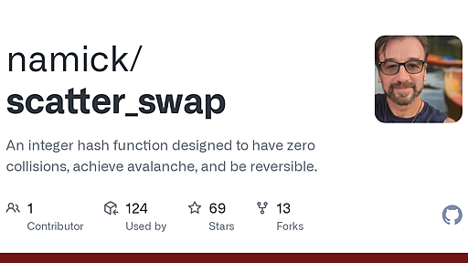 GitHub - namick/scatter_swap: An integer hash function designed to have zero collisions, achieve avalanche, and be reversible.