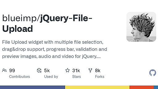 blueimp/jQuery-File-Upload: File Upload widget with multiple file selection, drag&drop support, progress bar, validation and preview images, audio and video for jQuery. Supports cross-domain, chunked and resumable file uploads. Works with any server-side