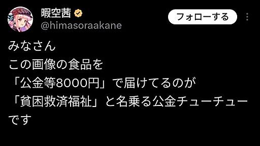 暇空茜、新たな攻撃…NPO団体が送る食料パックを「これで8000円は公金チューチュー！いいとこ3000円だ！」 : なんJ政治ネタまとめ