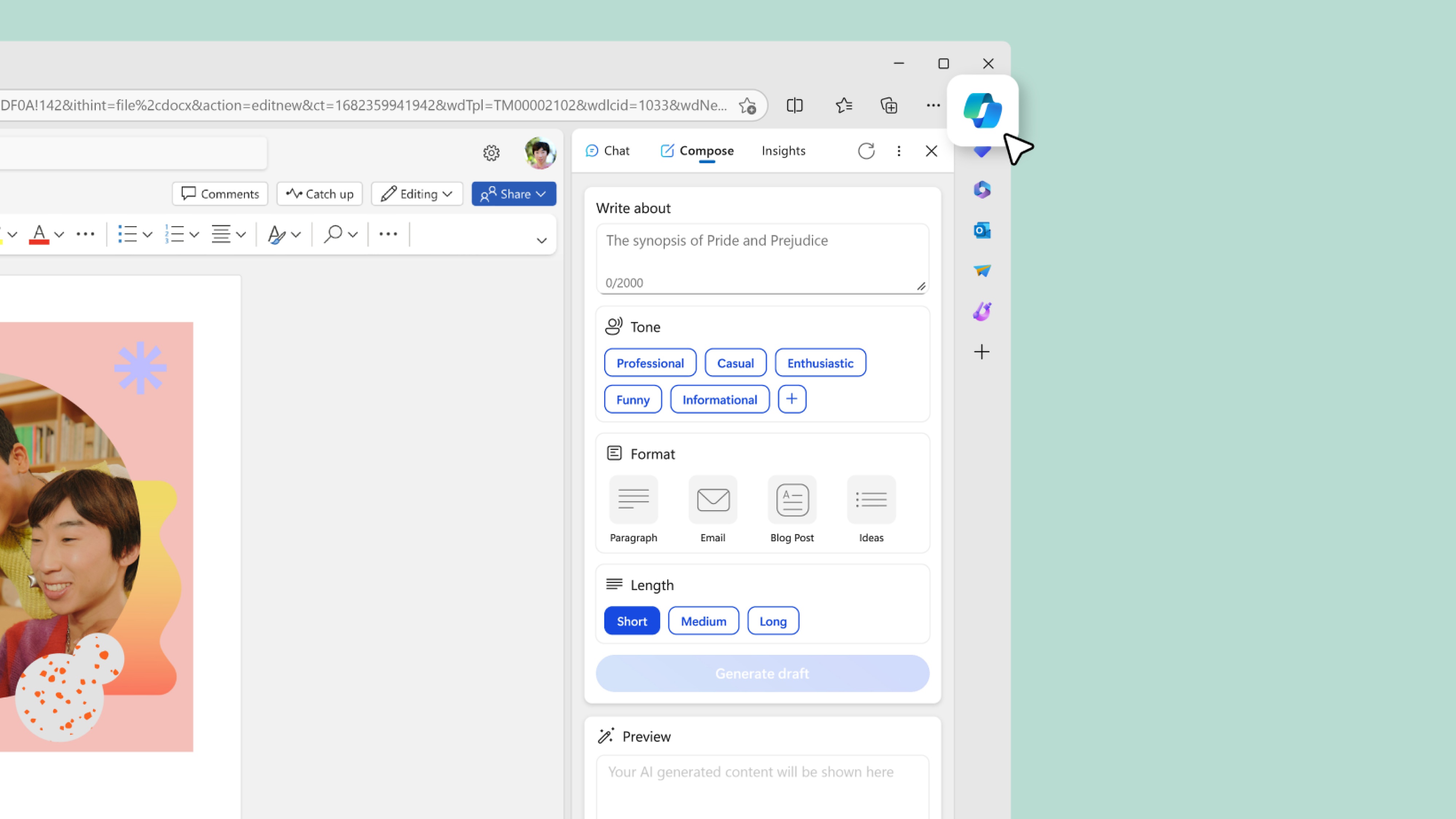 A screenshot of Copilot in Edge, on the Compose tab, with a prompt to write about a topic and choose the length and tone