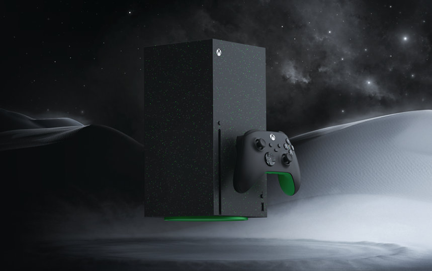 An Xbox Series X 2 Terabyte Console with a wireless controller in Galaxy Black floating over a night-time desert landscape.