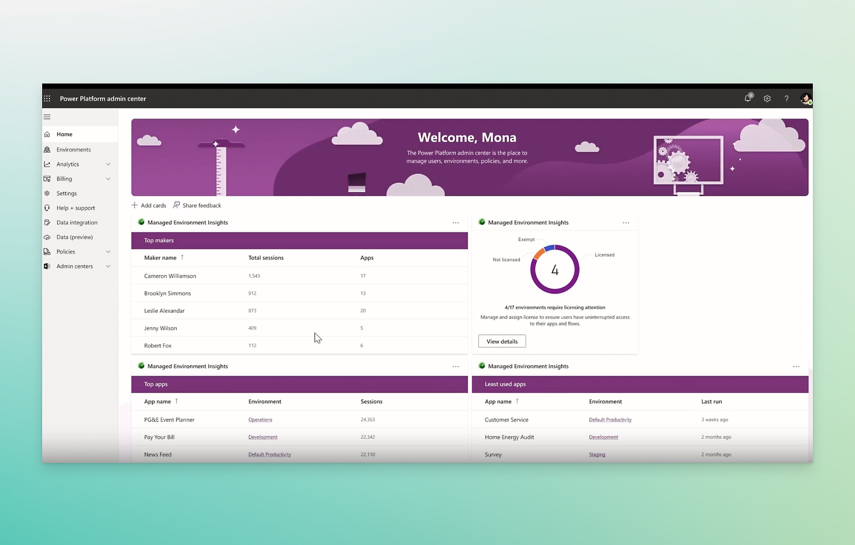 Power platform admin center dashboard