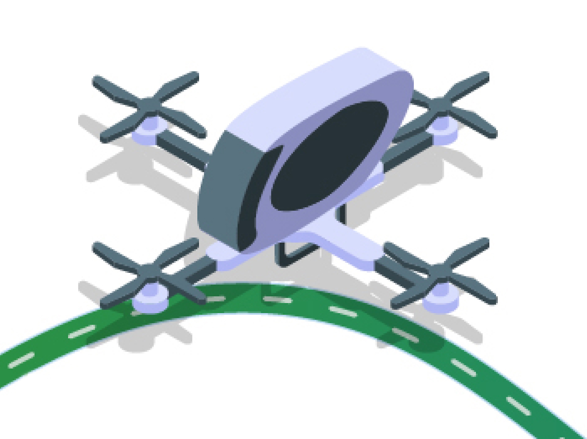 An isometric image of a drone flying over a road.