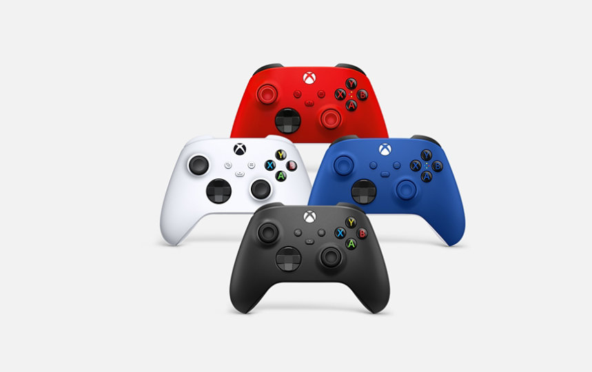 Red, white, blue, and black Xbox Wireless Controllers