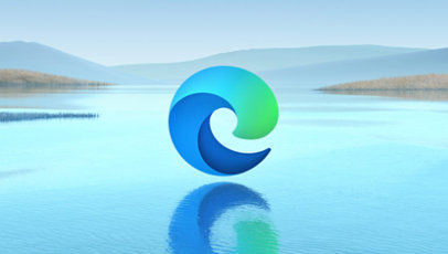 A landscape with the Microsoft Edge logo hovering over water.