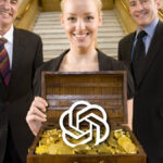 A woman holds open a small treasure chest containing gold and the OpenAI logo.