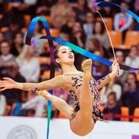 Crescenzi Maria Carmen jumps at Rhythmic Gymnastics Grand Prix , in Moscow on February 20, 2016