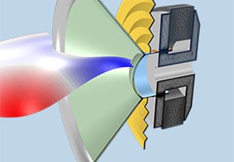 Una simulazione di un altoparlante in COMSOL&nbsp;Multiphysics<sup>&reg;</sup> mostra il pattern di radiazione in rosso, bianco e blu.