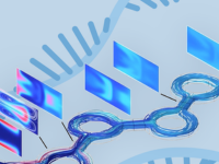 A model of a microfluidic device with an RNA strand illustration in the background.