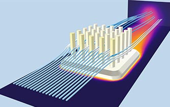 A COMSOL Multiphysics model of a heat sink with streamlines denoting fluid flow and the temperature shown in a heat camera color table.