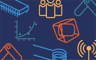 Simple blue, yellow, orange, and teal graphics of components, plots, and people shown against a dark blue background to represent the COMSOL Blog.