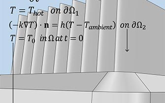 A closeup view of a gray heat sink geometry with an equation overlaid.