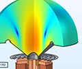 A loudspeaker model visualizing the sound pressure level in a rainbow color table.