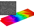 A close-up of the pressure distributions in a simulation of a microchannel flow field.